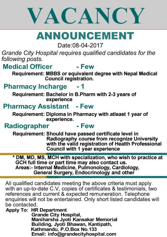 Vacancies Announcement for Various Department – Grande City Hospital